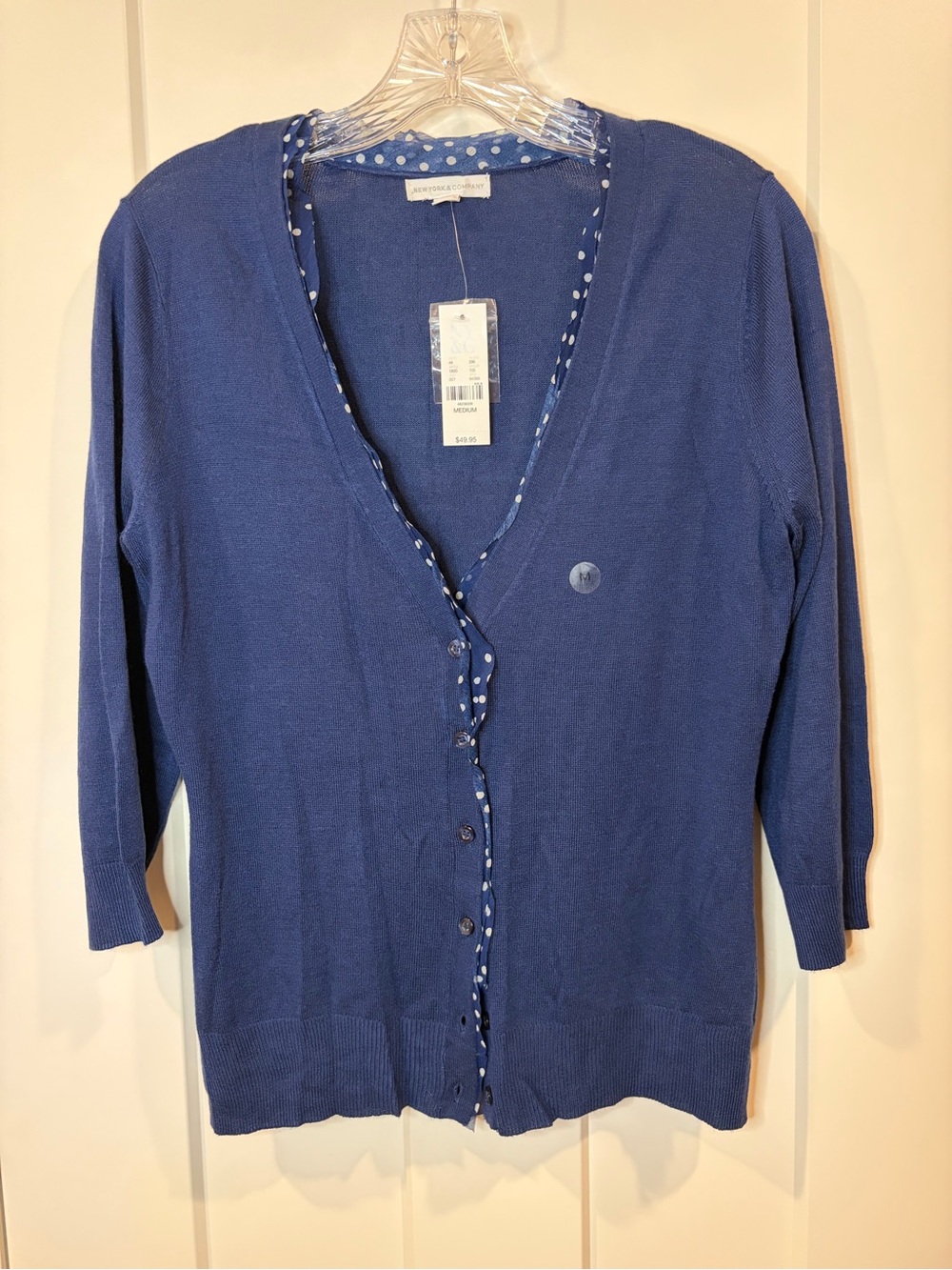 New York & Company Navy Polka-Trim V-Neck Cardigan